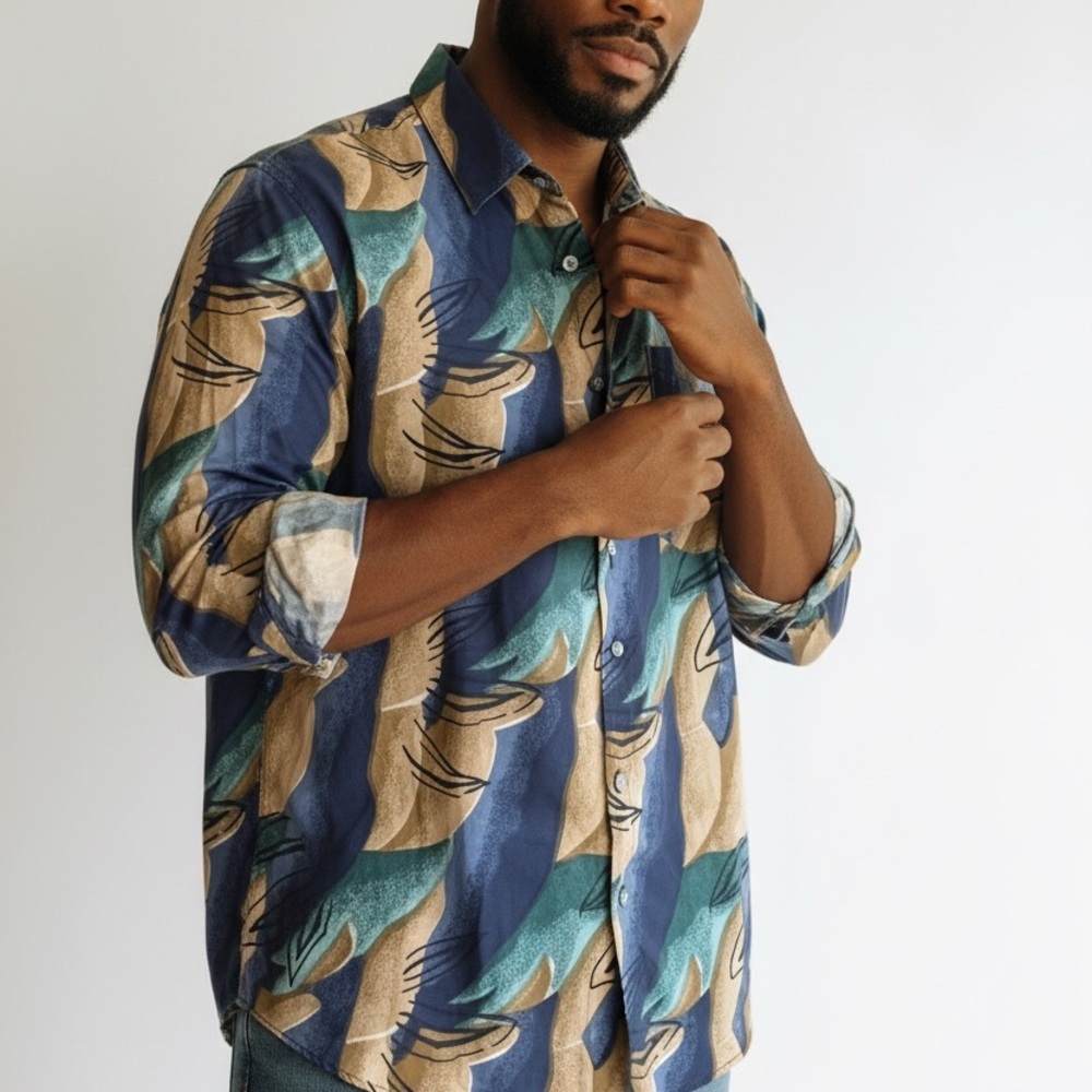 VTG Santana Men Multicolor Tropical Abstract Silk Button-Up Long Sleeve Shirt XL